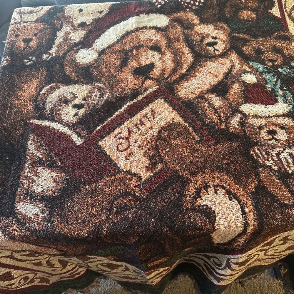 Vintage tapestry blanket "Christmas Bears Book Blanket" By American Weavers